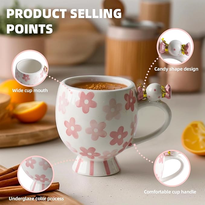 Ceramic Mug Cute Candy Shape, Unique Holiday Mug with Handle Hot Cocoa Cup Perfect for Tea & Coffee Lovers, Gifts for Family Friends or Children 12 OZ (Pink Flowers)