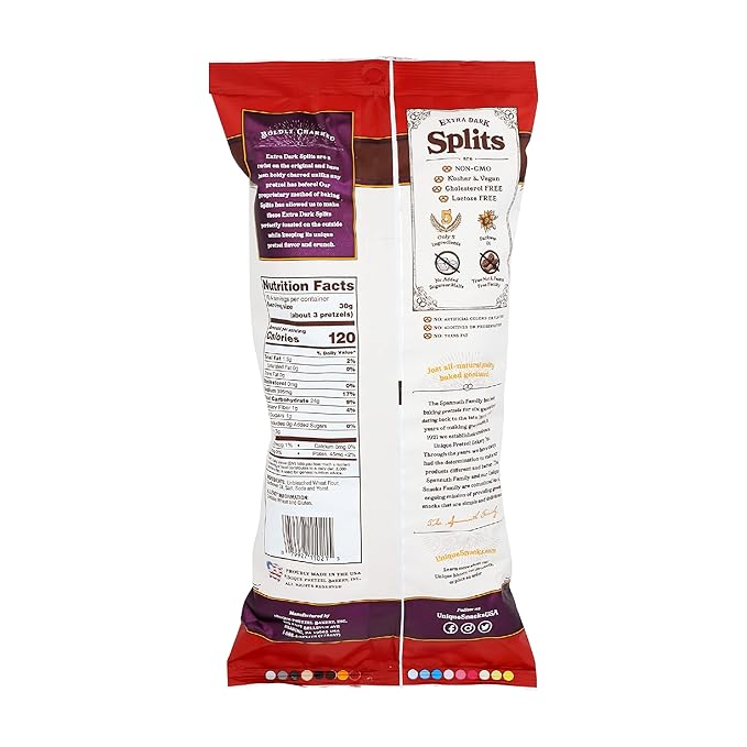 Unique Snacks Extra Dark Splits Pretzels, Original Split-Open Pretzels, Delicious Homestyle Baked Snack Bag, Vegan, OU Kosher, and Non-GMO Food, No Artificial Flavor, 11 Oz. Bag, Pack of 9