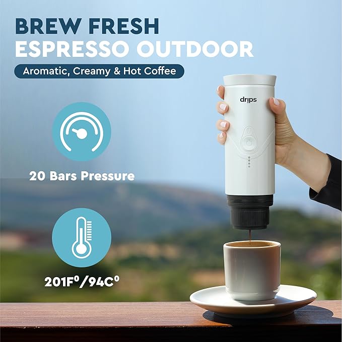 drips Portable Electric Espresso Machine with 3-4 Minute Self-Heating, 20 Bar Mini Coffee Maker Compatible with NS Capsule & Ground Coffee for Camping, Travel, Hiking, Office (Matte Black)