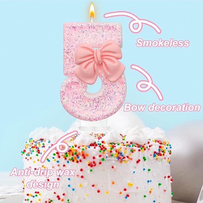Birthday Cake Candles, Pink Glitter with Bow Cake Candles, Birthday Party Cake Toppers, Cute Birthday Candle Decorations (5)