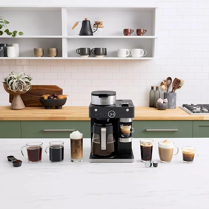 Ninja CFN601 Espresso & Coffee Barista System, Single-Serve Coffee & Compatible with Nespresso Capsule, 12-Cup Carafe, Built-in Frother, Cappuccino & Latte Maker, Black & Stainless Steel (Renewed)