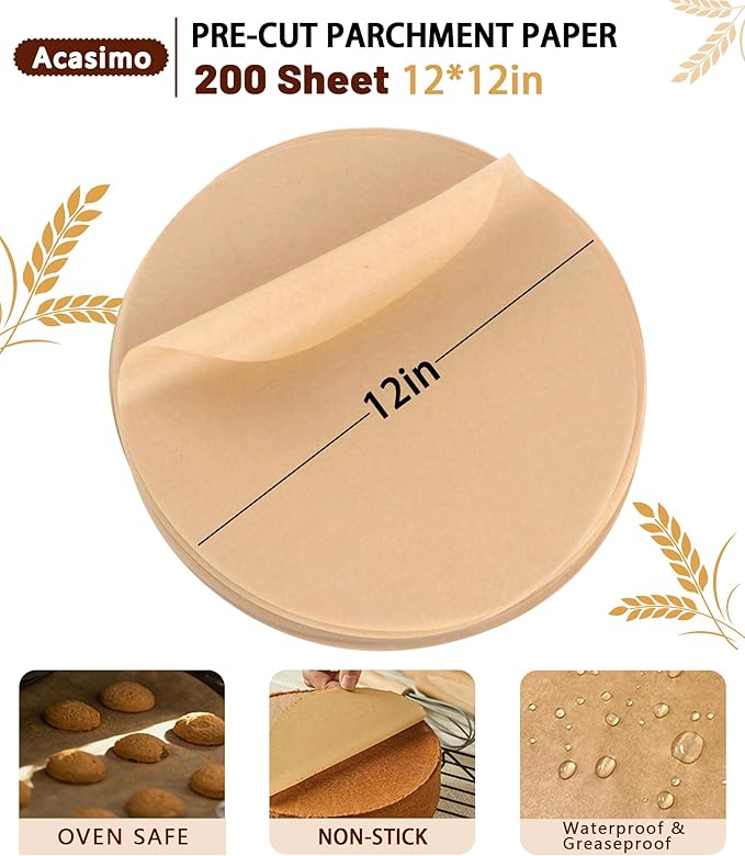 200Pcs Parchment Paper Rounds, 12 Inch Baking Parchment Circles, Precut Baking Sheets Round, Burger Patty Paper Liners for Tortilla Press, Cake Pan, Air Fryer, Springform Pan, Pizza Pan, Cake Cookie