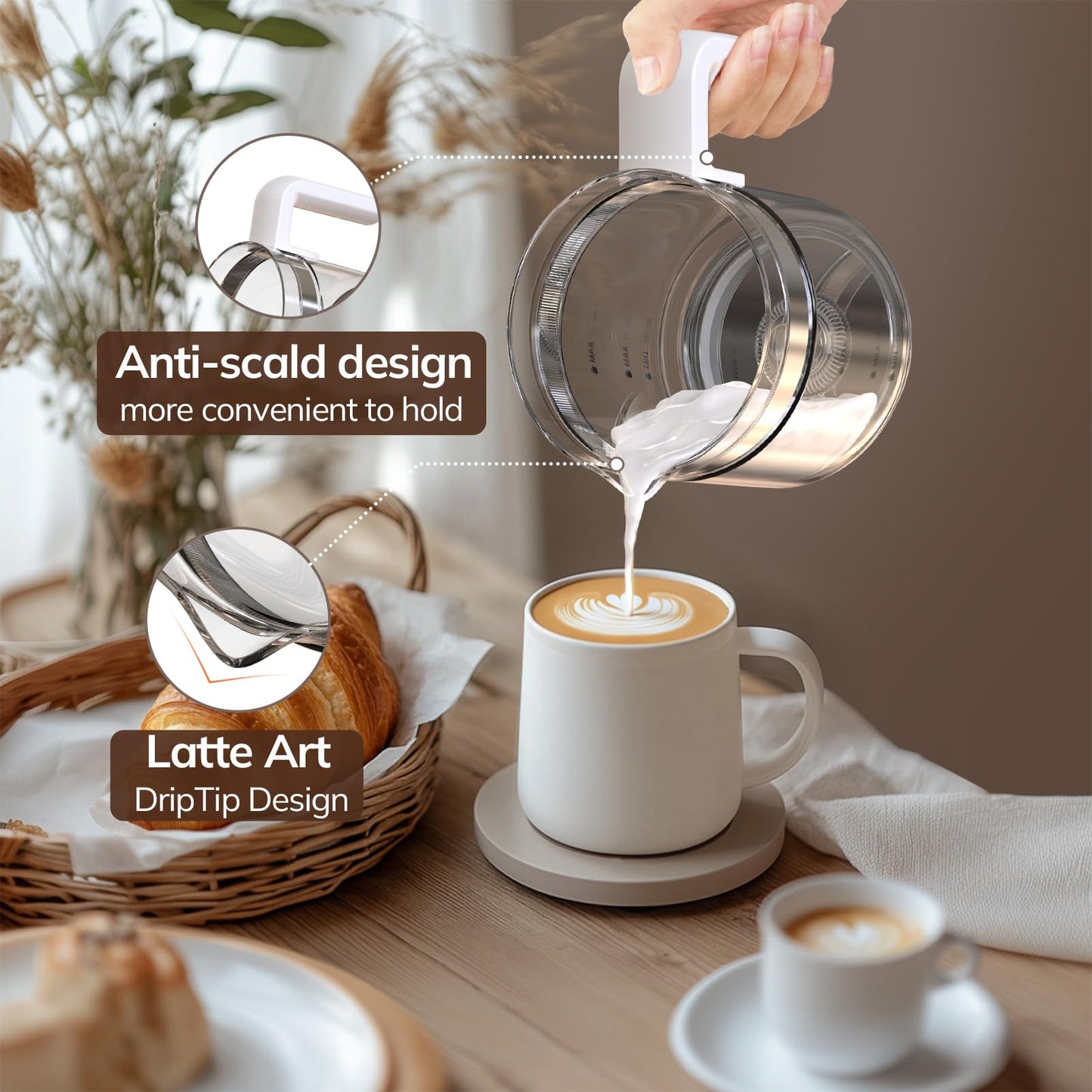 Large Electric Milk Frother and Steamer, 16.9oz/500ml Milk Steamer and Frother for Latte or Hot