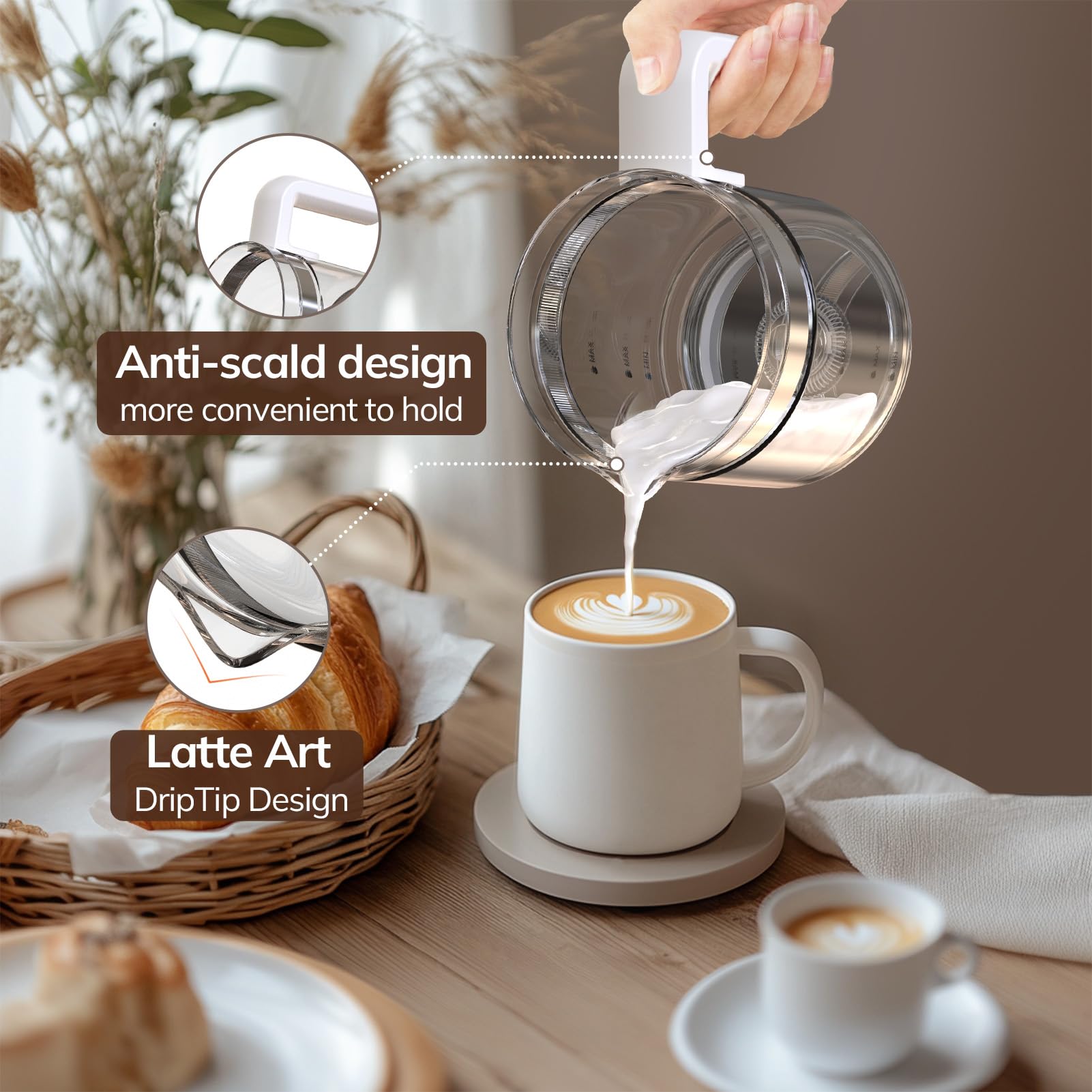 Large Electric Milk Frother and Steamer, 16.9oz/500ml Milk Steamer and Frother for Latte or Hot