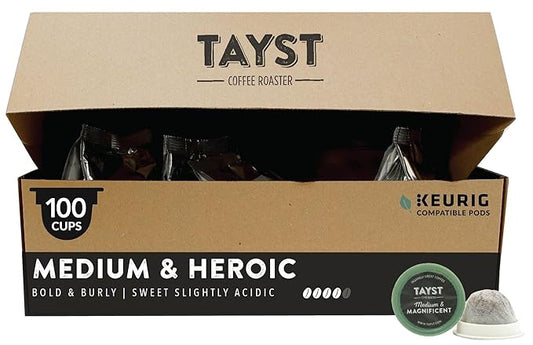 Tayst Coffee Pods, Medium & Heroic Medium Roast, K Cups Compatible with Keurig Coffee Maker, Sustainable Single Serve, Pack of 100