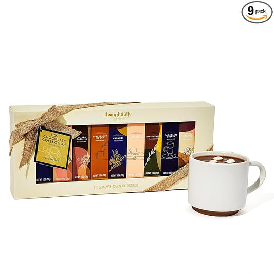 Gourmet Hot Chocolate Gift Set, Flavors Include Salted Caramel, Peppermint, French Vanilla and More, Packaged in Gift Box with Bow, Set of 9