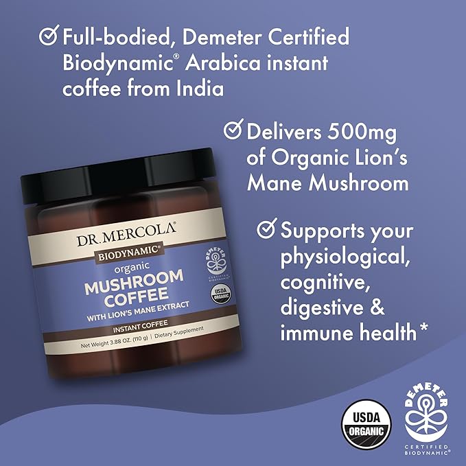 Dr. Mercola Mushroom Coffee with Lion's Mane Extract, Instant Arabica Coffee, 500 mg Lion's Mane Extract, Dietary Supplement, Supports Cognitive Health, Non-GMO - 3.88 Oz (110g), 20 Servings