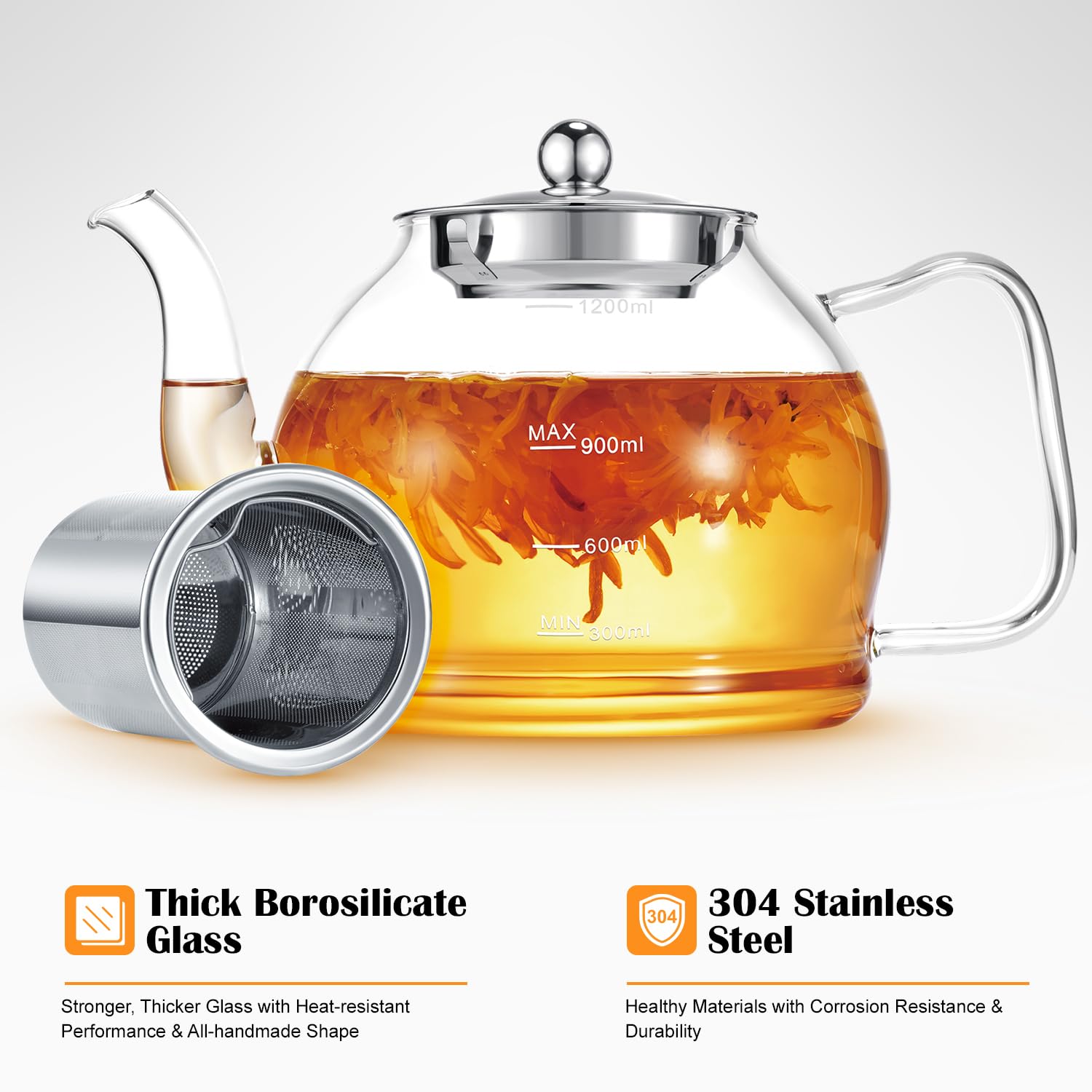 STNTUS Glass Teapot, 40 oz. / 1200 ml for Loose Tea, With Infuser and Stainless Steel Strainer