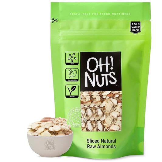 Oh! Nuts Raw Natural Sliced Almonds - 100% Natural - Sliced Almonds - 1.5 lb - Almonds Raw - Packed in New York Zip-Seal Bag for Exceptional Freshness