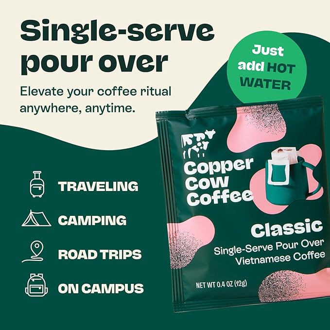 Copper Cow Premium Pour Over Single-Serve Vietnamese Coffee | Classic Black | Dark Roast | Includes 16 Coffees