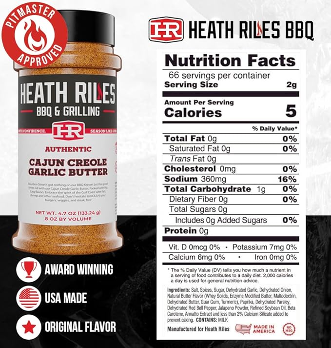 Heath Riles Cajun Seasoning Rub, Cajun-Creole, Louisiana Inspired Cajun Spice & Heat, Champion Pitmaster Recipe, 8 oz.