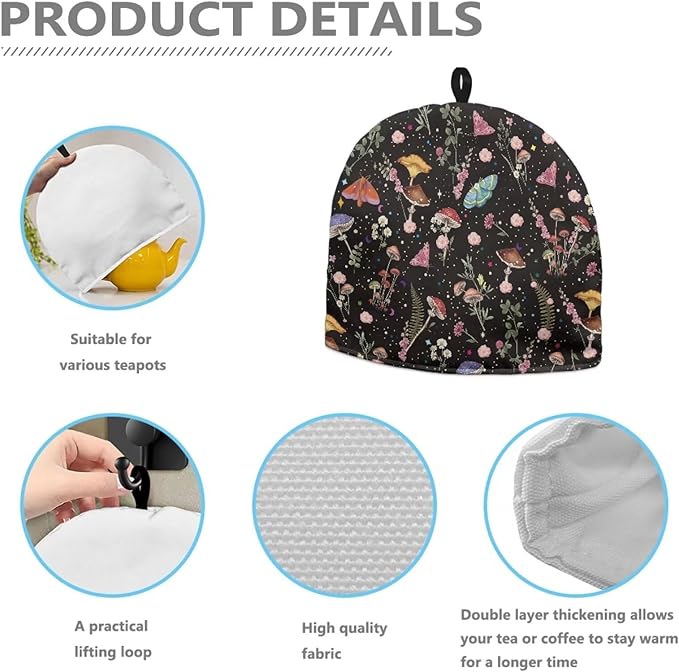 Hudotybom Vintage Mushroom Tea Cozy for Teapot Insulated Large Teapot Cover to Keep Warm Tea Kettle Cover Machine Washable Coffee Pot Cloth Covers Kitchen Home Decorations for Housewife Mom
