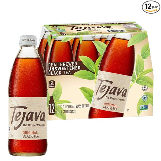 Tejava Original Black Iced Tea, 12 Pack, 12oz Glass Bottles, Unsweetened, Non-GMO, Kosher, No Sugar or Sweeteners, No calories, No Preservatives, Brewed in Small Batches