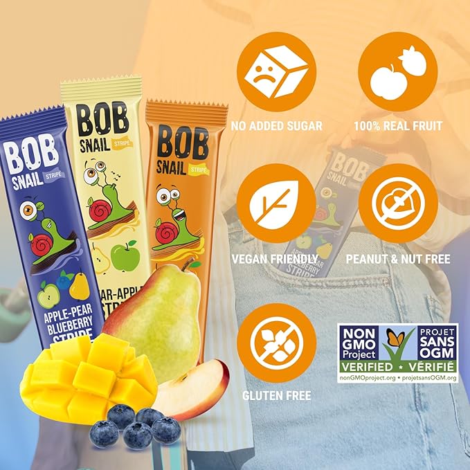 BOB SNAIL Healthy Organic Fruit Snacks for Kids and Adults ??30 Organic Fruit Leather Snacks with Pear & Apple, Blueberry, Mango ??Vegan Low-Carb Variety Pack Strips for Kids ??Sugar Free Jerky Bars