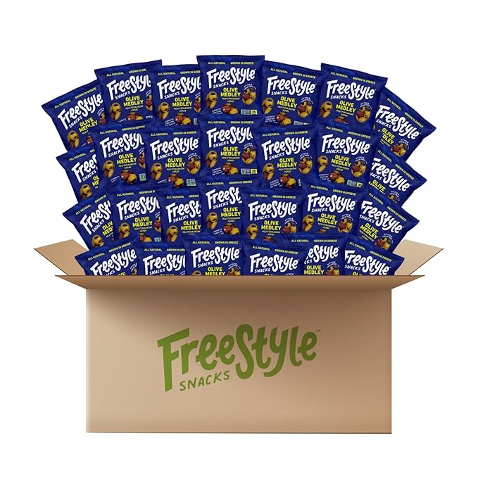 Freestyle Snacks Olive Medley Snack Packs - Bulk Party Pack - Fresh Pitted Olives, Jumbo-Sized, Grown in Greece, All Natural, Non-GMO, Sugar-Free - Mediterranean Herb, 1.1oz Single Serves, 120-Pack