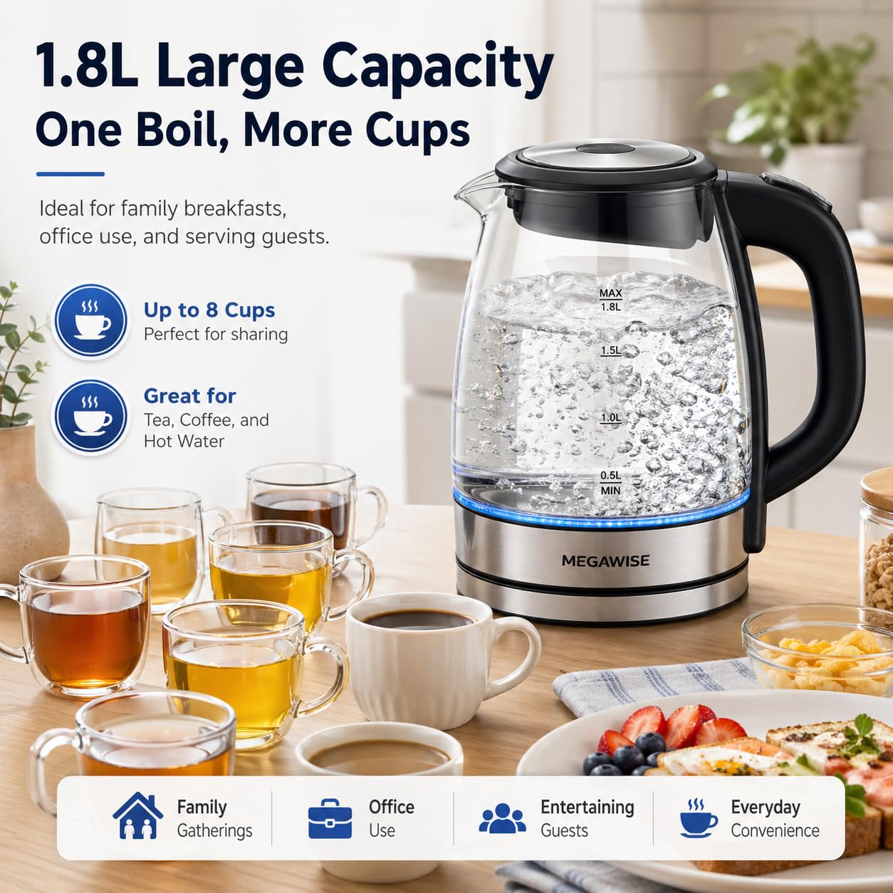 Megawise Electric Glass Kettle with Auto Shut-Off (1.8L)