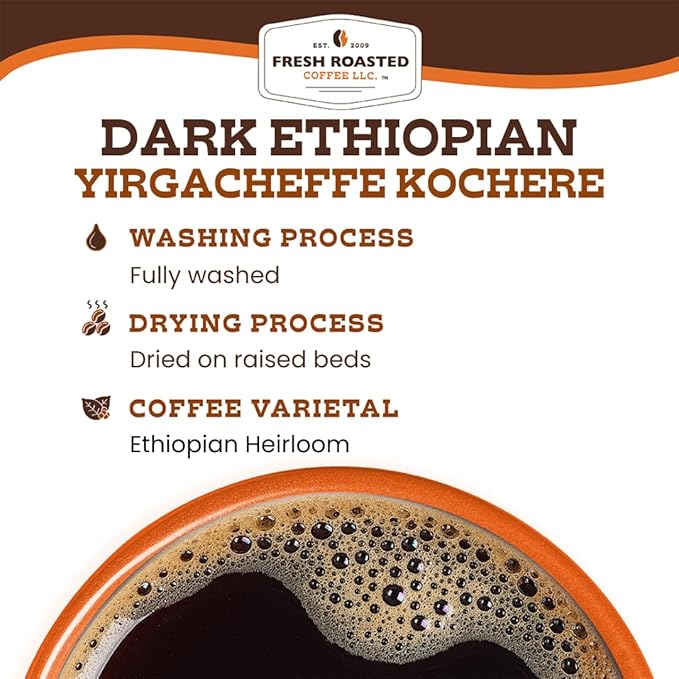 Fresh Roasted Coffee, Dark Ethiopian Yirgacheffe Kochere, 5 lb (80 oz), Dark Roast, Kosher, Whole Bean