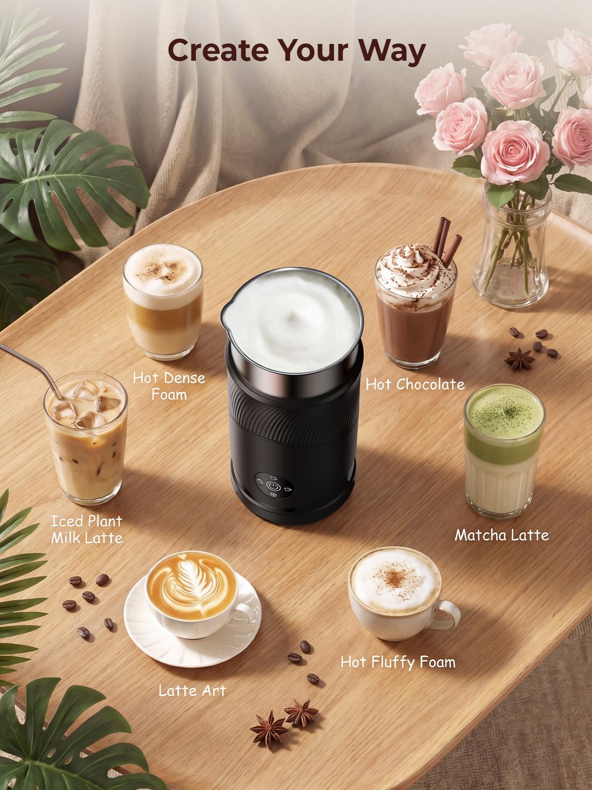 Ecoflarix 350ml Electric Milk Frother: 4-in-1 Hot & Cold,120s Fast Frothing