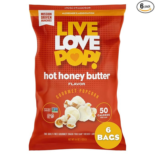 Live Love Pop Hot Honey Butter Flavored Gourmet Popcorn, 4.4 Oz (Pack of 6), Healthy Snack, Gluten Free, Vegan & Non-GMO, Mission Driven Munchies