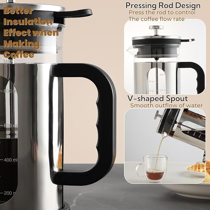 French Press Coffee Maker 34 oz, 1000ml Borosilicate Glass Stainless Steel Coffee Brewer with Reusable Filters Portable Coffee Press for Kitchen Travel Camping