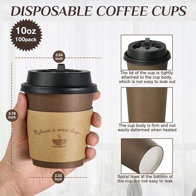 LITOPAK 100 Pack 10 oz Paper Coffee Cups with Lids, Sleeves, and Stirring Sticks for Coffee, Water, or Juice, Browm 10 Ounce Disposable Hot Paper Cups for Cafes, schools, offices, shops