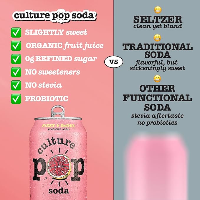 Culture Pop Soda, Pink Grapefruit & Ginger, Probiotic Low Sugar Soda, Sparkling Juice Alternative, Non-GMO, Kosher, Gluten-Free, No Stevia (12pk)