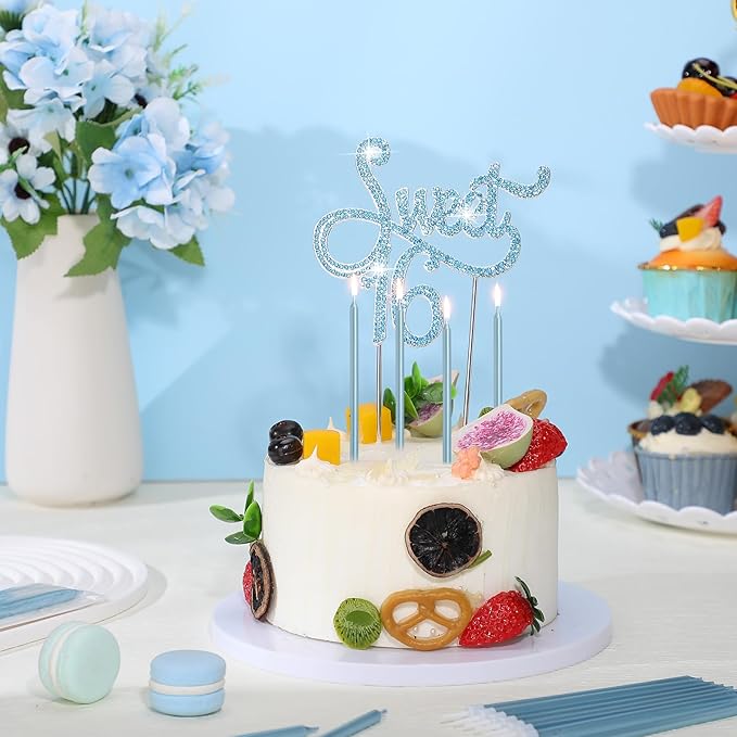 Tondiamo Sweet 16 Birthday Decorations Rhinestone Sweet 16 Cake Toppers 20 Pcs Metallic Happy Birthday Candles 16 Cake Decorations for Cupcake Decor (Blue)