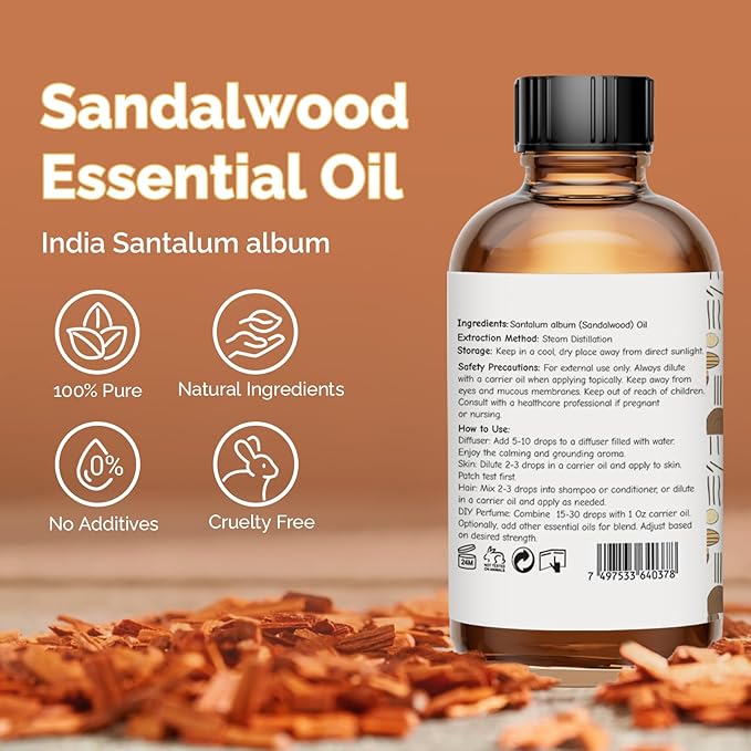 Sandalwood Essential Oil 4 Oz, 100% Pure Sandalwood Oil for Diffuser, Skin, Hair, Body & Face, Perfume Base Note for Men & Women, Aromatherapy & Massage