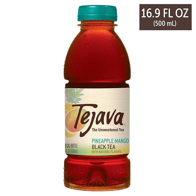 Tejava Pineapple Mango Black Iced Tea, 12 Pack, 16.9oz PET Bottles, Unsweetened, Non-GMO, Kosher, No Sugar or Sweeteners, No calories, No Preservatives, Brewed in Small Batches