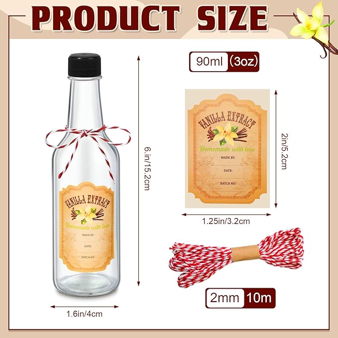 Tioncy 16 Pcs Vanilla Extract Bottles for Homemade Vanilla Jar Glass Bottle with Cap, Shrink Band, Sticker Syrup Gift Food Storage Canister for Bean Sauce Spice(Black, Red, Gold,3 oz)