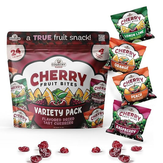 Country Spoon Real Fruit Snacks for Kids ??24 Variety Pack | Dried Tart Cherries Flavored with Orange, Raspberry, Peach & Lemon Lime | Gluten Free, Allergen Free, Non GMO, School Safe