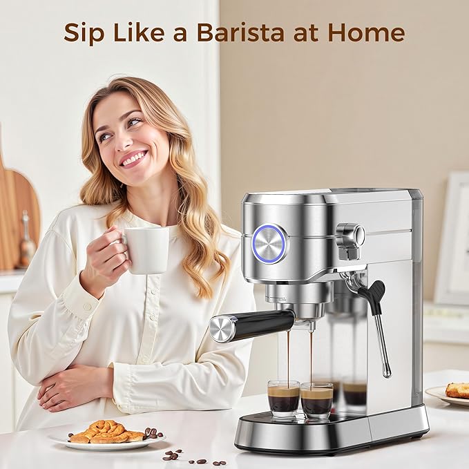 Kndko 20 Bar Espresso Machine, Professional Espresso Maker with Milk Frother Steam Wand, Compact Stainless Steel Coffee Machine with 40.5oz Removable Water Tank for Cappuccino, Latte