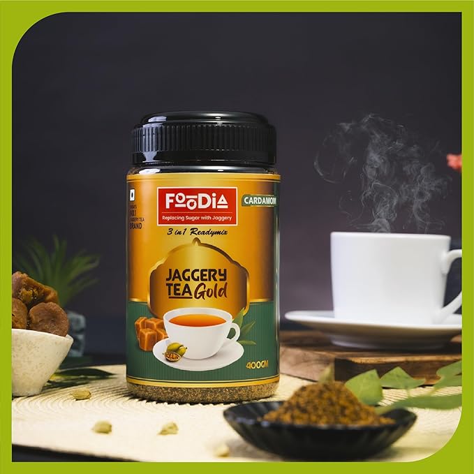 FOODIA Jaggery Cardamom Tea Gold | Readymix Tea Powder with Jaggery Powder & Premium Cardamom | 14.11oz |