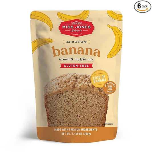 Miss Jones Baking Banana Bread & Muffin Mix - Whole Grains, 50% Lower Sugar, Real Banana, Vegan Banana Bread, Naturally Sweetened Desserts & Treats, 10.57 Ounce (Pack of 6)