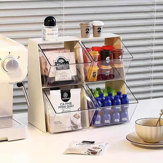 Acrylic Tea Bag Organizer Storage Box with 2 Transparent Drawers, Multi-Functional Coffee Pod K Cup Holder Container for Kitchen Home Office Organizer - White