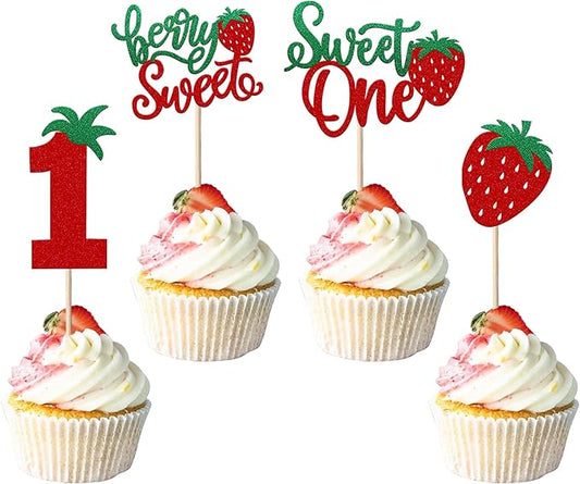 24 Pack Sweet One Cupcake Toppers Glitter First Birthday Strawberry Cupcake Picks for Fruit Baby Shower 1st Birthday Berry Sweet Cupcake Decorations Party Supplies Green