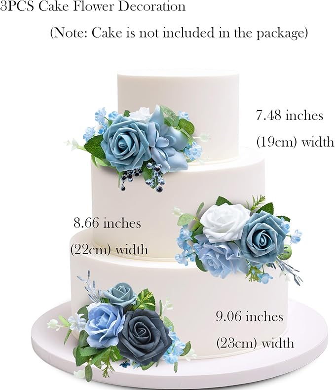 Marriwise 3Pcs Pre-made Cake Toppers Flowers, Light Blue Wedding Cake Decoration, Artificial Flowers Decor for Wedding Ceremony Anniversary, Birthday Party, Outdoor (Light Blue)
