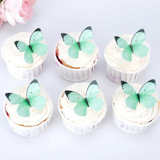 50PCS Edible Butterfly Cake Decorations Green Wafer Paper Butterflies Cake Cupcake Toppers for Women Girls' Happy Birthday Cake Topper Anniversary Wedding Baby shower party Butterfly Fairy Cake Decor