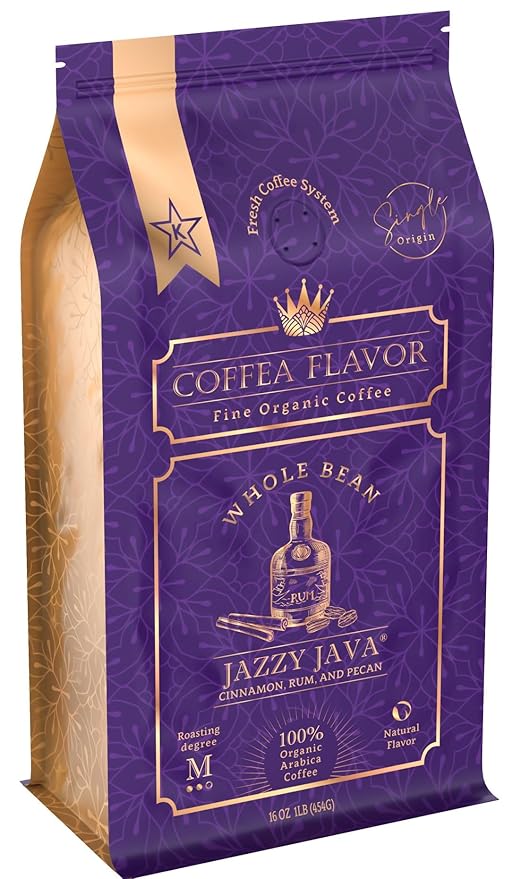 Jazzy Java ??Spiced & Nutty Flavored Whole Bean Coffee ??Organic, Medium Roast, 100% Arabica, Single Origin ??Naturally Flavored ??by Coffea Flavor