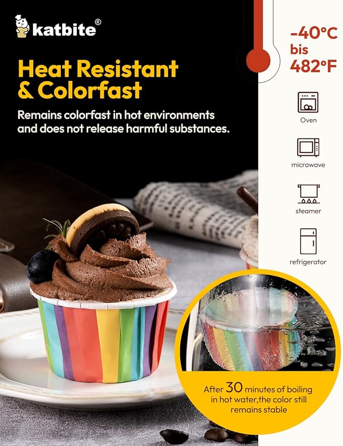 Katbite Parchment Cupcake Liners Rainbow Color Standard Size 100PCS, Christmas Cupcake Liners, Muffin Baking Liners, Heavy Duty Greaseproof Wrappers for Bakery, Birthday Party