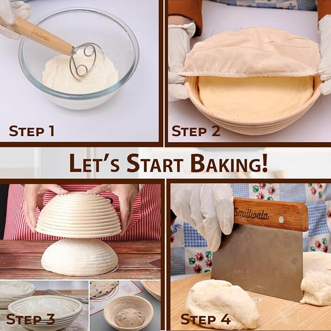 Round Banneton Bread Proofing Basket with Linen Liner, 9??Bread Basket with 6 Essential Bread Making Tools ??Natural Rattan Sourdough Banneton Basket Kit for Baking Enthusiasts