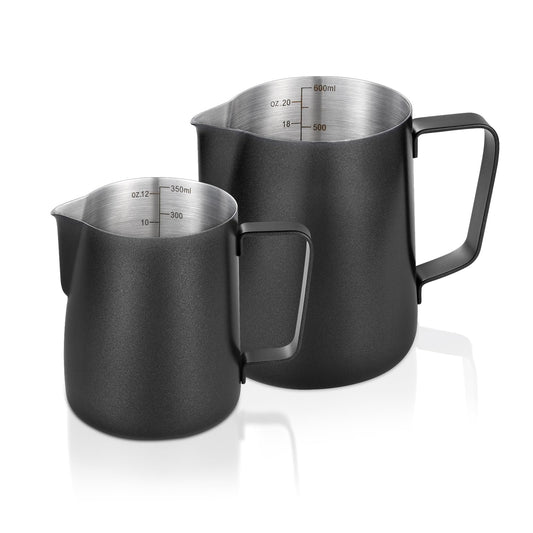 2 Pack Matte Black Milk Frothing Pitcher, 12oz/350ml & 20oz/600ml Espresso Steaming Pitcher