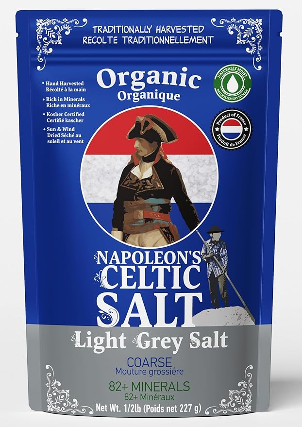 Napoleon's Celtic Organic 82 Minerals Sea Salt Coarse, French Sea Salt, Grey Salt, 1/2lb Resealable Bag, Mineral Rich Unrefined Sea Salts, Naturally Moist, Hand Harvested, Unrefined Mineral Salt, 100% Natural, Sel Gris (0.5lb Grey Coarse) Pack of 1
