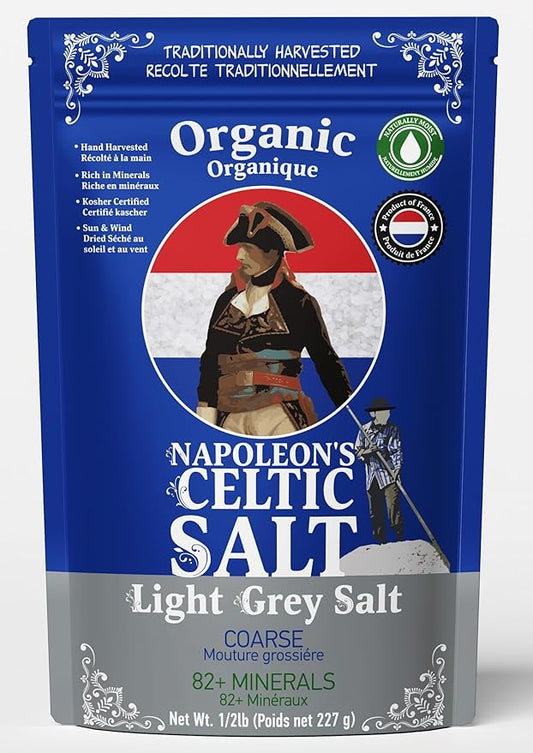 Napoleon's Celtic Organic 82 Minerals Sea Salt Coarse, French Sea Salt, Grey Salt, 1/2lb Resealable Bag, Mineral Rich Unrefined Sea Salts, Naturally Moist, Hand Harvested, Unrefined Mineral Salt, 100% Natural, Sel Gris (0.5lb Grey Coarse) Pack of 1