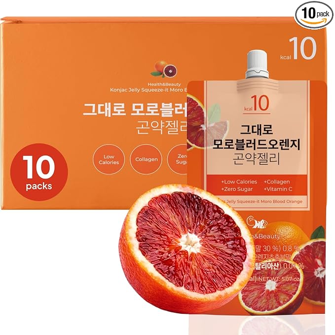 Korean Food Low Calories Squeeze Konjac Jelly Moro Blood Orange Flavor, Fish Collagen, Vitamin, Zero Sugar, Chewier Texture Health&Beauty (Net WT 5.07 oz, Pack of 10) ?¨ㅼë¹??»━