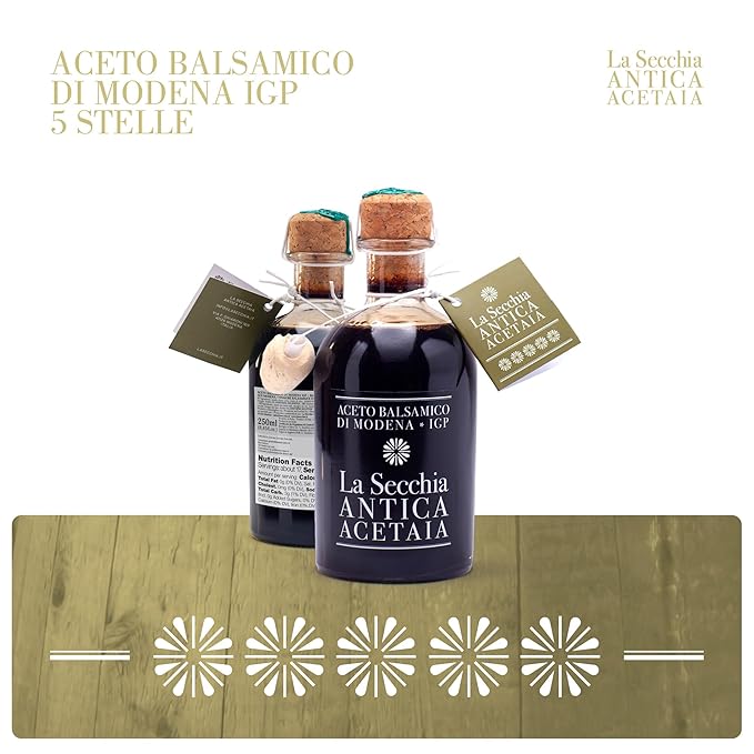 La Secchia - Balsamic Vinegar of Modena PGI "Cinque Stelle", Aged in 20 Barrels of Different Woods, High Density, 250 ml Bottle with Cork Pouring Cap.