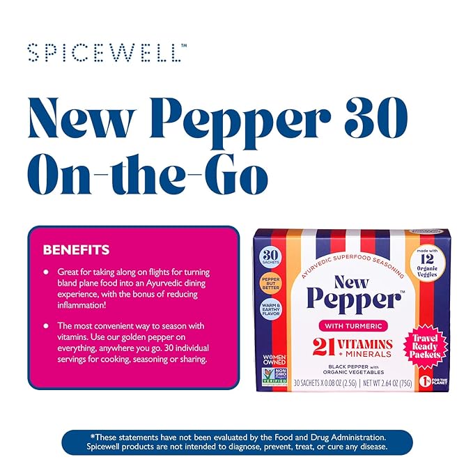 Spicewell - New Pepper in Travel Ready Packets - Ayurvedic Black Pepper with Turmeric, 21 Plant-Based Vitamins and Minerals - Fine Ground, 30 Count