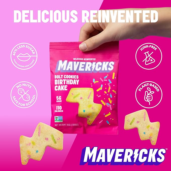 Mavericks Birthday Cake Bolt Cookies - Plant-Based Birthday Cake Confetti Cookies, Egg-Free, Nut-Free, Plant-Based Dessert for Kids - Back to School - 6 Boxes (48 Pouches)