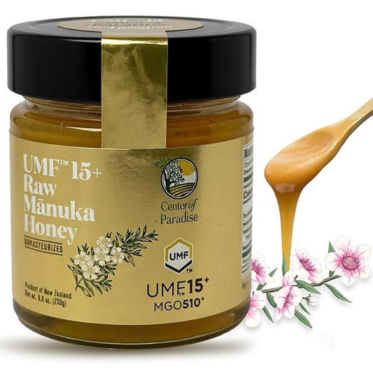 Center of Paradise Raw Manuka Honey Certified UMF 15+ | MGO 510+ (250g / 8.8oz) Glass Jar - Pure & Natural Manuka Honey New Zealand for Daily Immune Support and Wellness - Non GMO & Unpasteurized