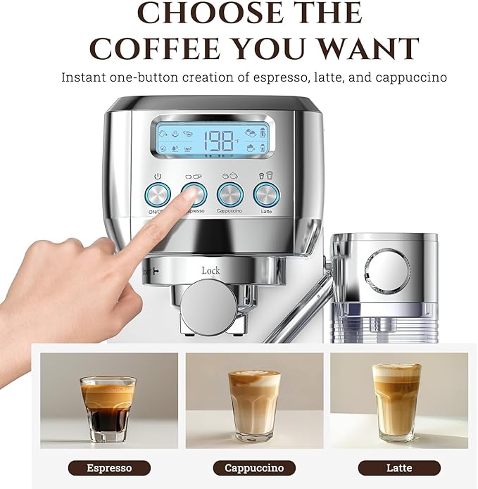 AMZCHEF Espresso Machine with LCD Display, 20 Bar Cappuccino Machines with Automatic Milk Frother for Home Gifts, Latte Coffee Maker with Dual Wall & Filters, Stainless Steel Style sliver